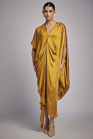 Mustard Bemberg Satin Corded Draped Midi Dress by Inca