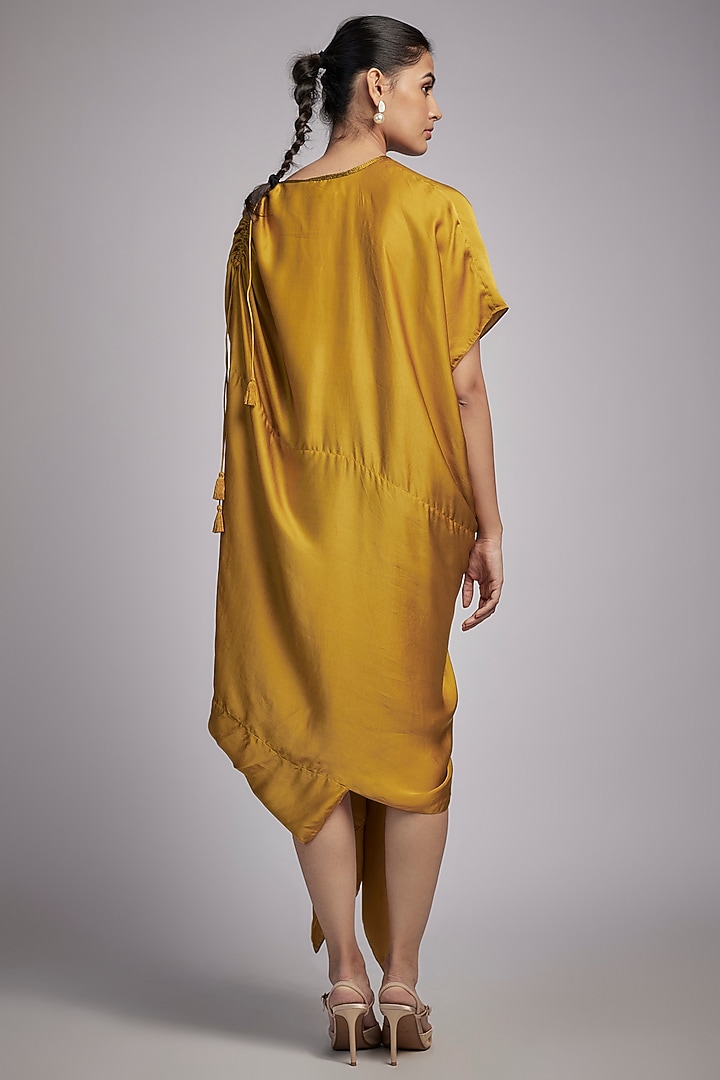 Mustard Bemberg Satin Corded Draped Midi Vacation Dress by Inca at Pernia's Pop Up Shop