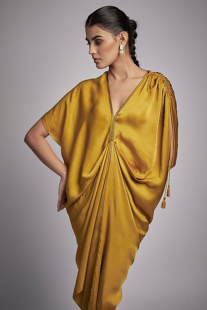 Mustard Bemberg Satin Corded Draped Midi Vacation Dress by Inca at Pernia's Pop Up Shop