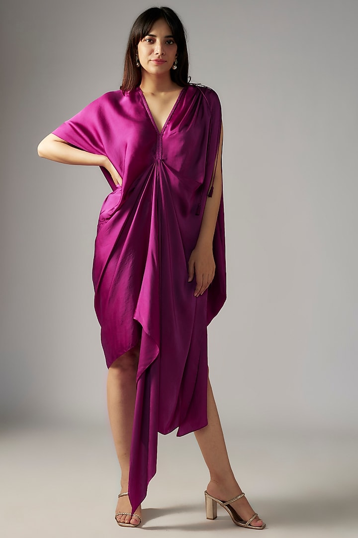 Plum Bemberg Satin Draped Dress by Inca at Pernia's Pop Up Shop