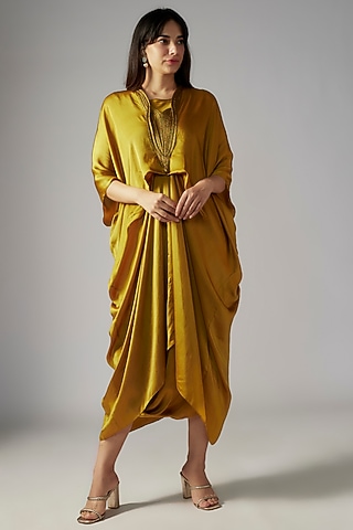 Mustard Bemberg Satin Midi Dress by Inca