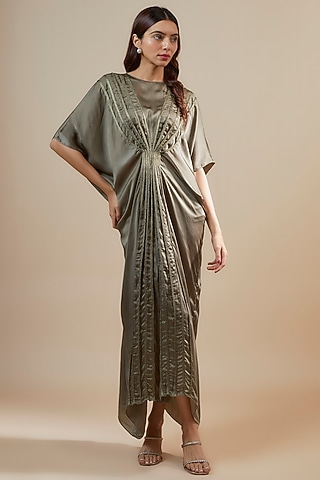 Grey Bemberg Satin Corded Maxi Dress by Inca