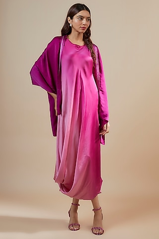 Plum Ombre Bemberg Satin Corded Maxi Dress by Inca