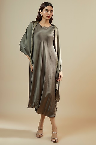 Grey Bemberg Satin Corded Midi Dress by Inca