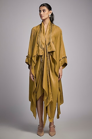 Mustard Bemberg Satin Dress With Kimono by Inca