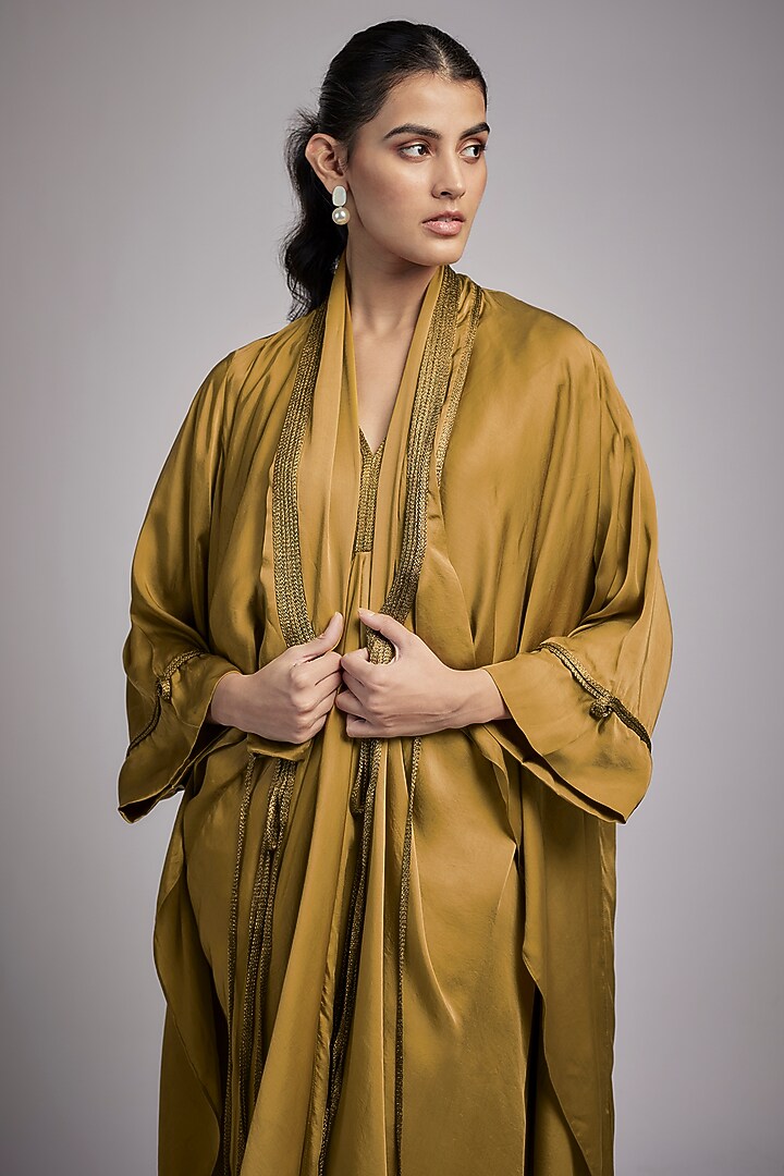 Mustard Bemberg Satin Cocktail Dress With Kimono by Inca at Pernia's Pop Up Shop