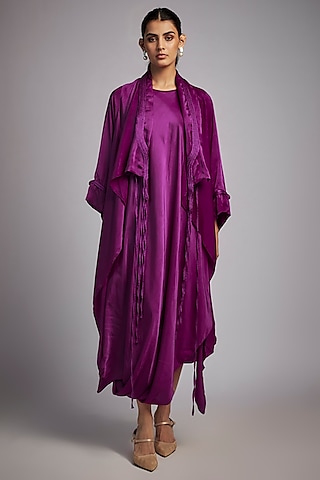 Plum Bemberg Satin Dress With Kimono by Inca