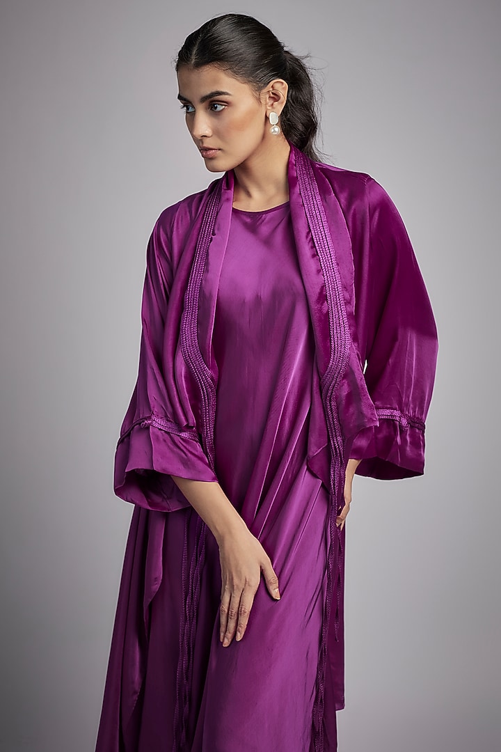 Plum Bemberg Satin Cocktail Dress With Kimono by Inca at Pernia's Pop Up Shop