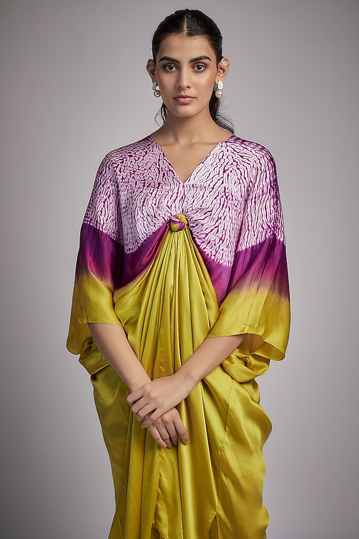 Lime Bemberg Satin Shibori Knotted Kaftan by Inca at Pernia's Pop Up Shop