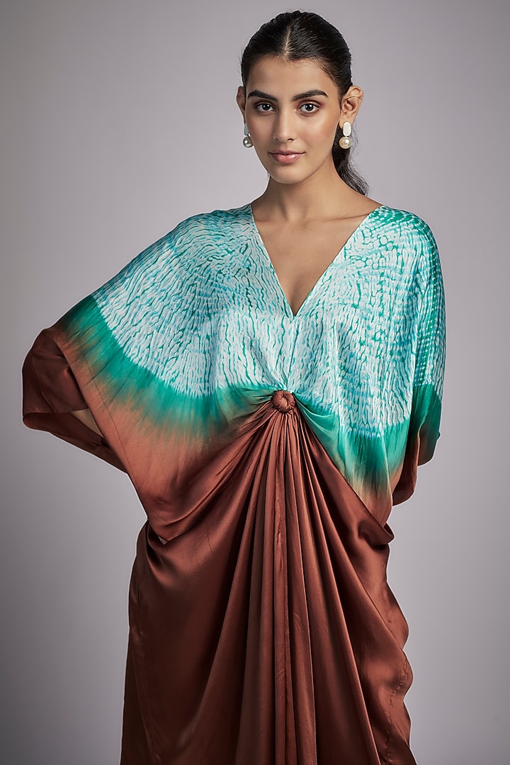 Brown Bemberg Satin Shibori Knotted Kaftan by Inca at Pernia's Pop Up Shop