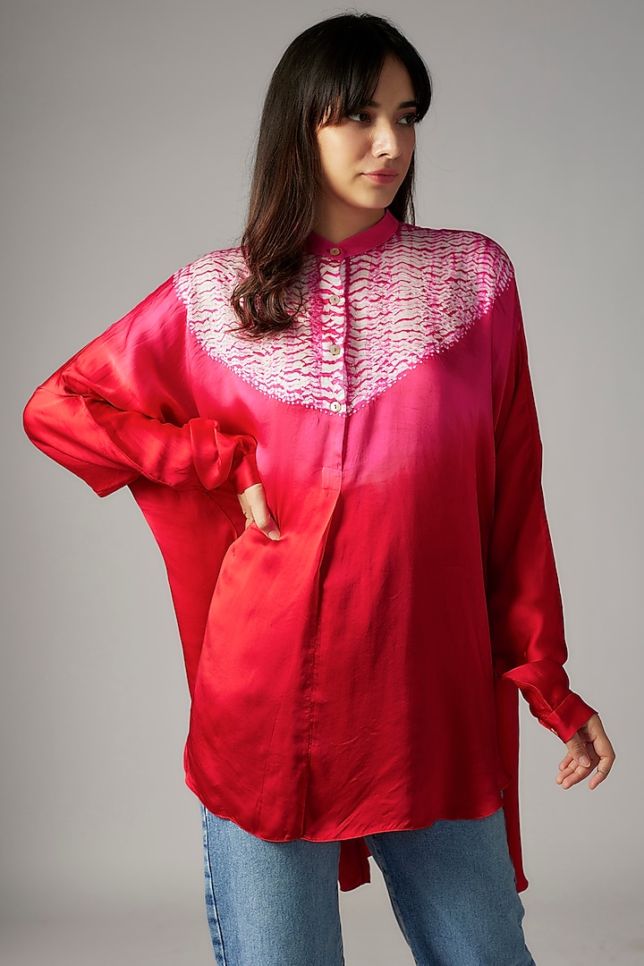 Red & Pink Bemberg Satin Shibori Shirt by Inca
