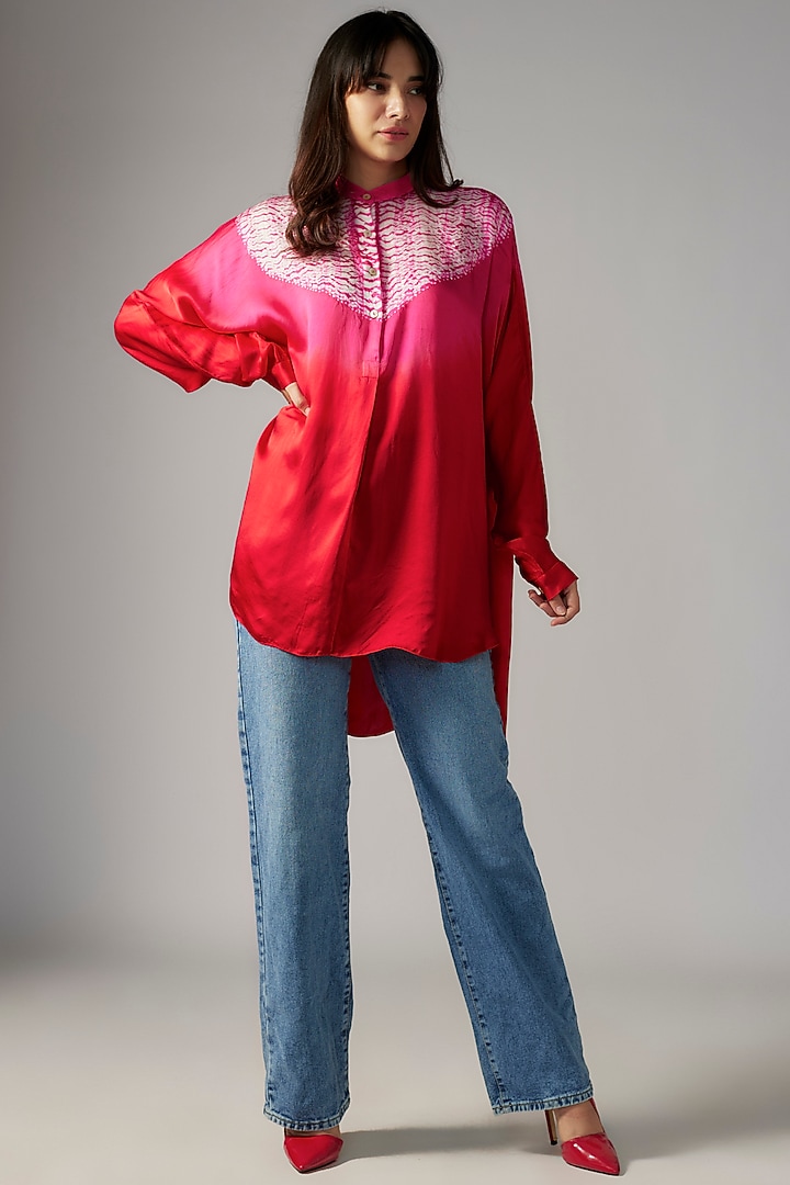 Red & Pink Bemberg Satin Shibori Shirt by Inca at Pernia's Pop Up Shop