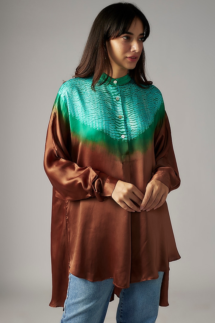 Brown & Teal Bemberg Satin Shibori Shirt by Inca