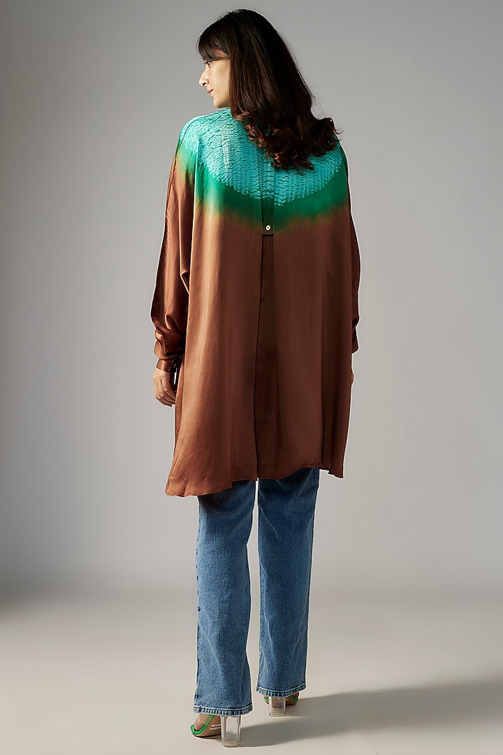 Brown & Teal Bemberg Satin Shibori Shirt by Inca at Pernia's Pop Up Shop