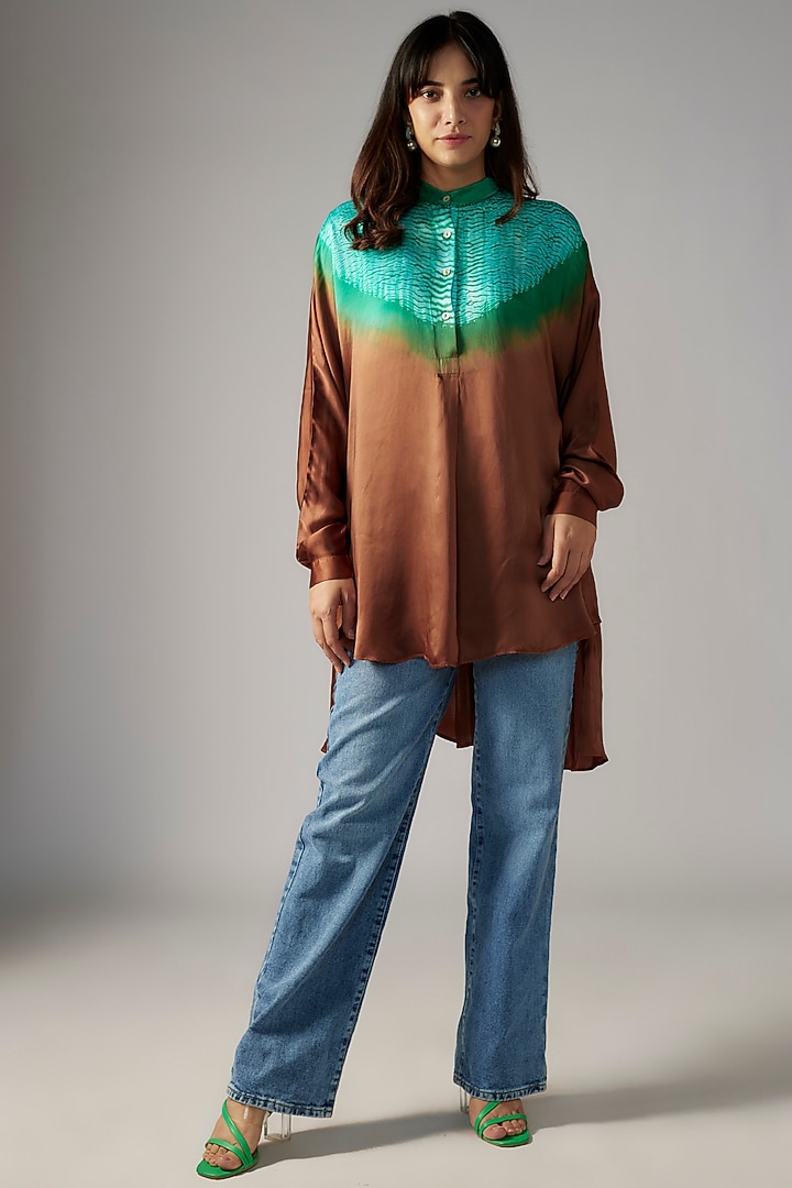 Brown & Teal Bemberg Satin Shibori Shirt by Inca at Pernia's Pop Up Shop