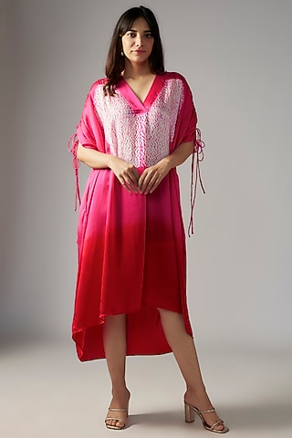 Red & Pink Bemberg Satin Shibori Shirt Dress by Inca