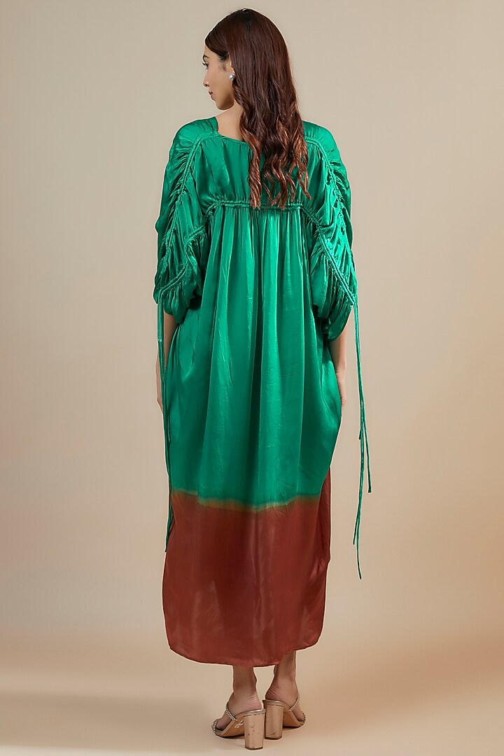 Green Ruched Bemberg Satin Shibori Midi Vacation Dress by Inca at Pernia's Pop Up Shop