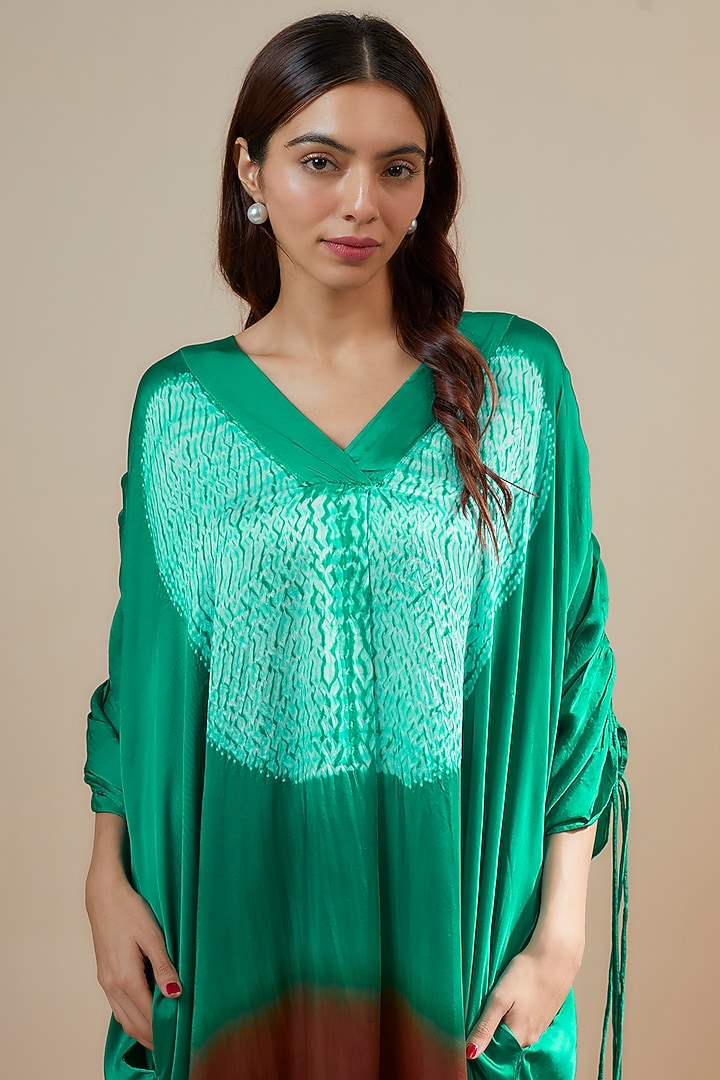 Green Ruched Bemberg Satin Shibori Midi Vacation Dress by Inca at Pernia's Pop Up Shop