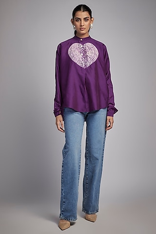 Purple Silk Chanderi Shibori Shirt by Inca