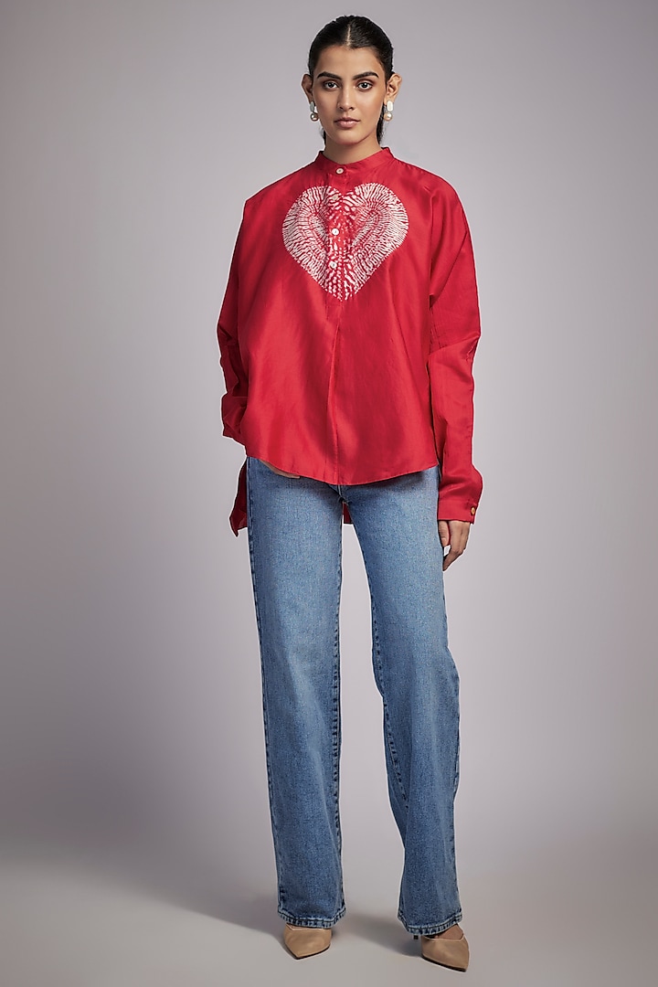 Red Silk Chanderi Shibori Shirt by Inca at Pernia's Pop Up Shop