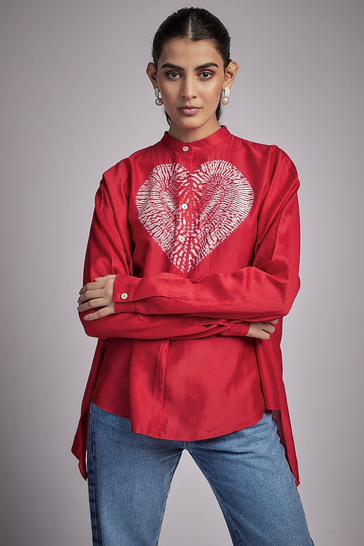 Red Silk Chanderi Shibori Shirt by Inca at Pernia's Pop Up Shop