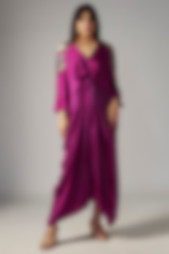 Plum Bemberg Satin Draped Maxi Dress by Inca at Pernia's Pop Up Shop