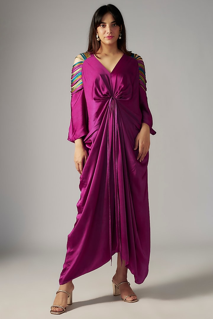 Plum Bemberg Satin Draped Maxi Dress by Inca at Pernia's Pop Up Shop