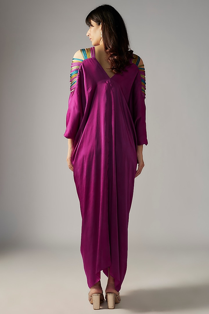 Plum Bemberg Satin Draped Maxi Cocktail Dress by Inca at Pernia's Pop Up Shop