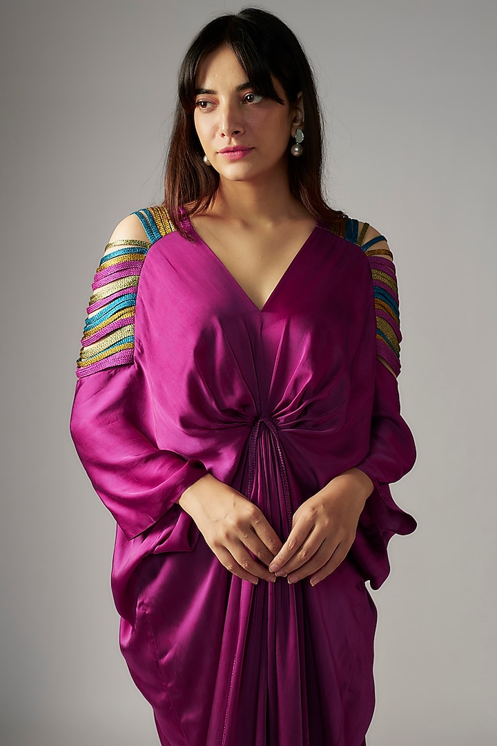 Plum Bemberg Satin Draped Maxi Cocktail Dress by Inca at Pernia's Pop Up Shop