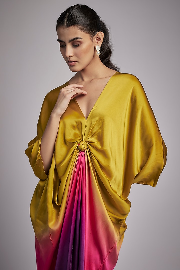 Yellow Bemberg Satin Ombre Knotted Kaftan by Inca at Pernia's Pop Up Shop