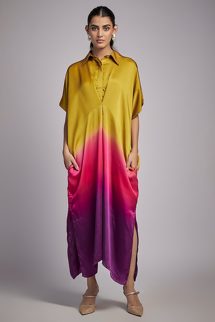 Yellow Bemberg Satin Ombre Shirt Dress by Inca at Pernia's Pop Up Shop