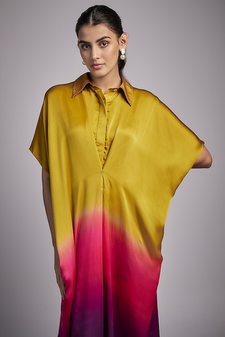 Yellow Bemberg Satin Ombre Vacation Shirt Dress by Inca at Pernia's Pop Up Shop