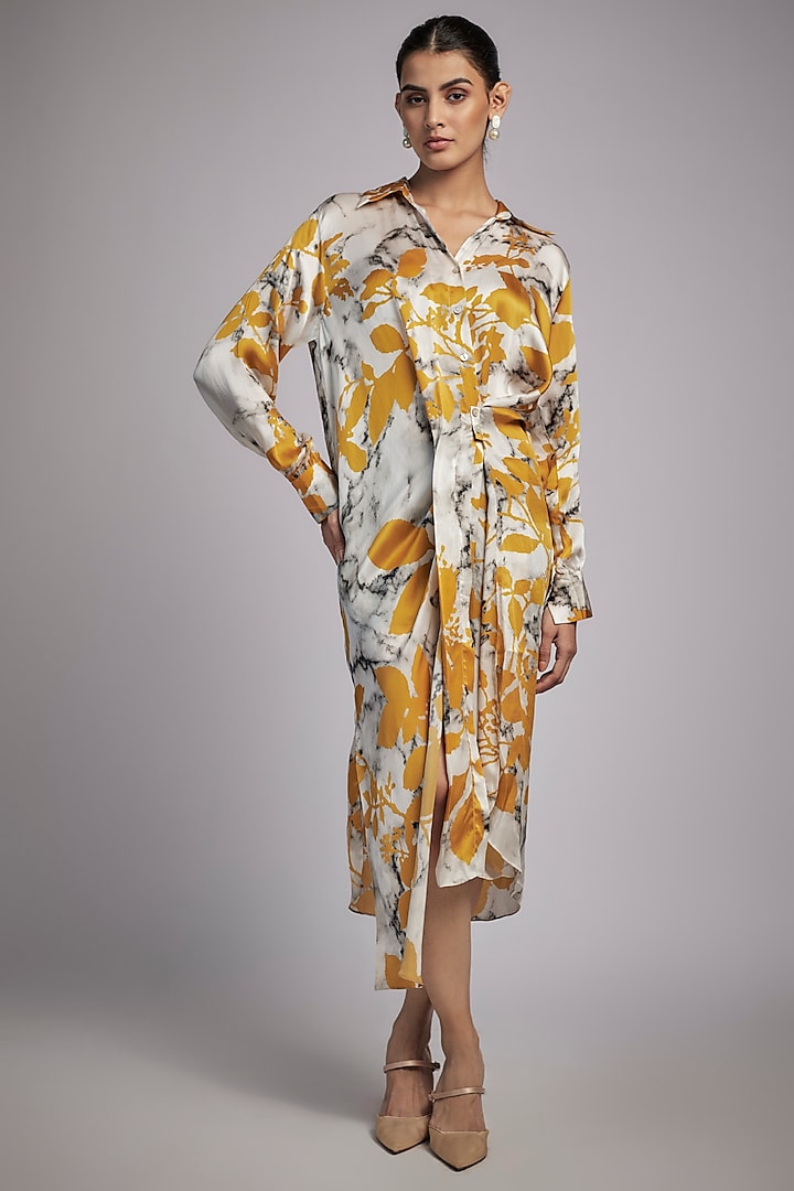 Mustard Bemberg Satin Digital Printed Shirt Dress by Inca