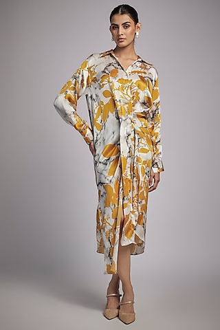 Mustard Bemberg Satin Digital Printed Shirt Dress by Inca