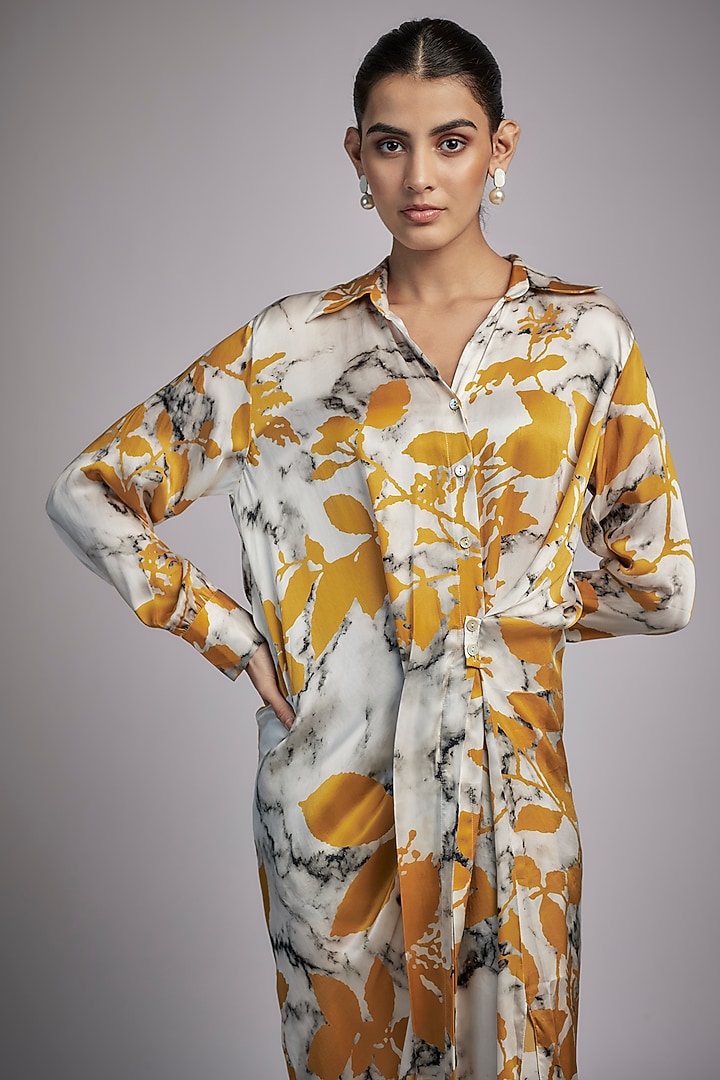 Mustard Bemberg Satin Digital Printed Vacation Shirt Dress by Inca at Pernia's Pop Up Shop
