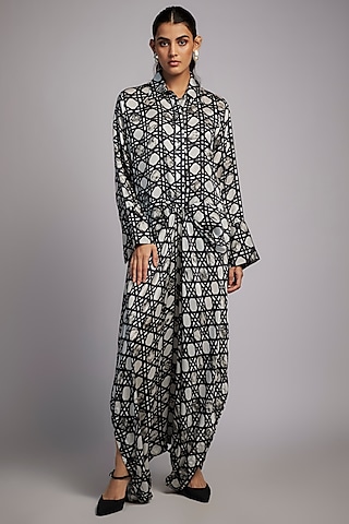 Black & White Bemberg Satin Digital Printed Draped Jumpsuit by Inca