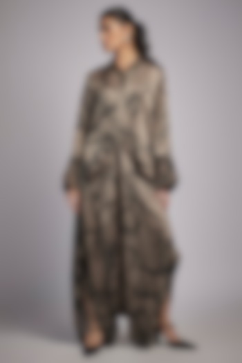 Grey Bemberg Satin Digital Printed Draped Jumpsuit by Inca