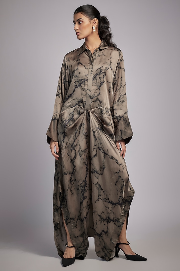 Grey Bemberg Satin Digital Printed Draped Jumpsuit by Inca at Pernia's Pop Up Shop