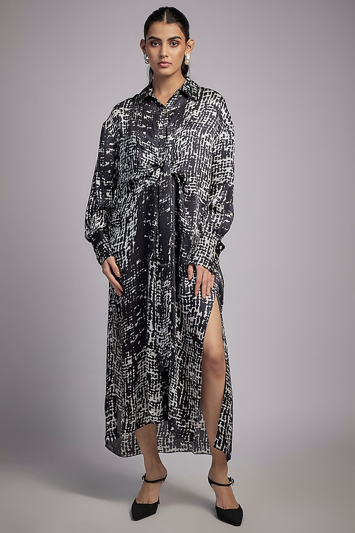 Black & White Bemberg Satin Digital Printed Knotted Shirt Dress by Inca