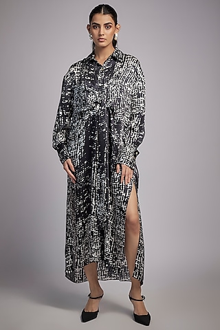 Black & White Bemberg Satin Digital Printed Knotted Shirt Dress by Inca