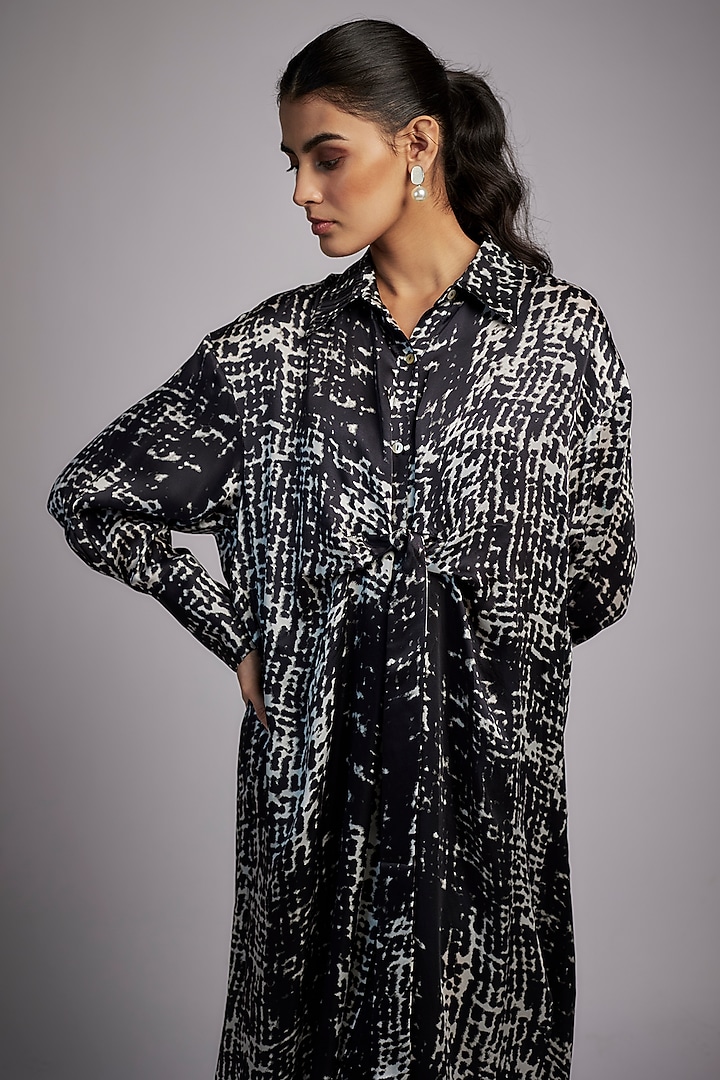 Black & White Bemberg Satin Digital Printed Knotted Vacation Shirt Dress by Inca at Pernia's Pop Up Shop