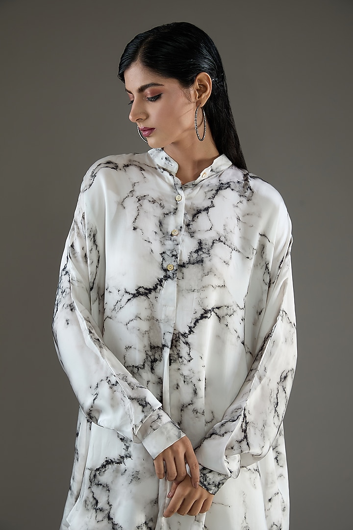 White Bemberg Satin Digital Printed Co-Ord Set by Inca at Pernia's Pop Up Shop