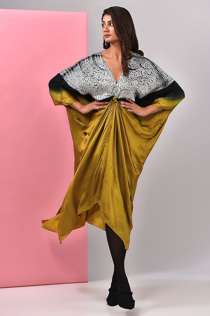 Mustard Bemberg Satin Shibori Printed Kaftan by Inca at Pernia's Pop Up Shop