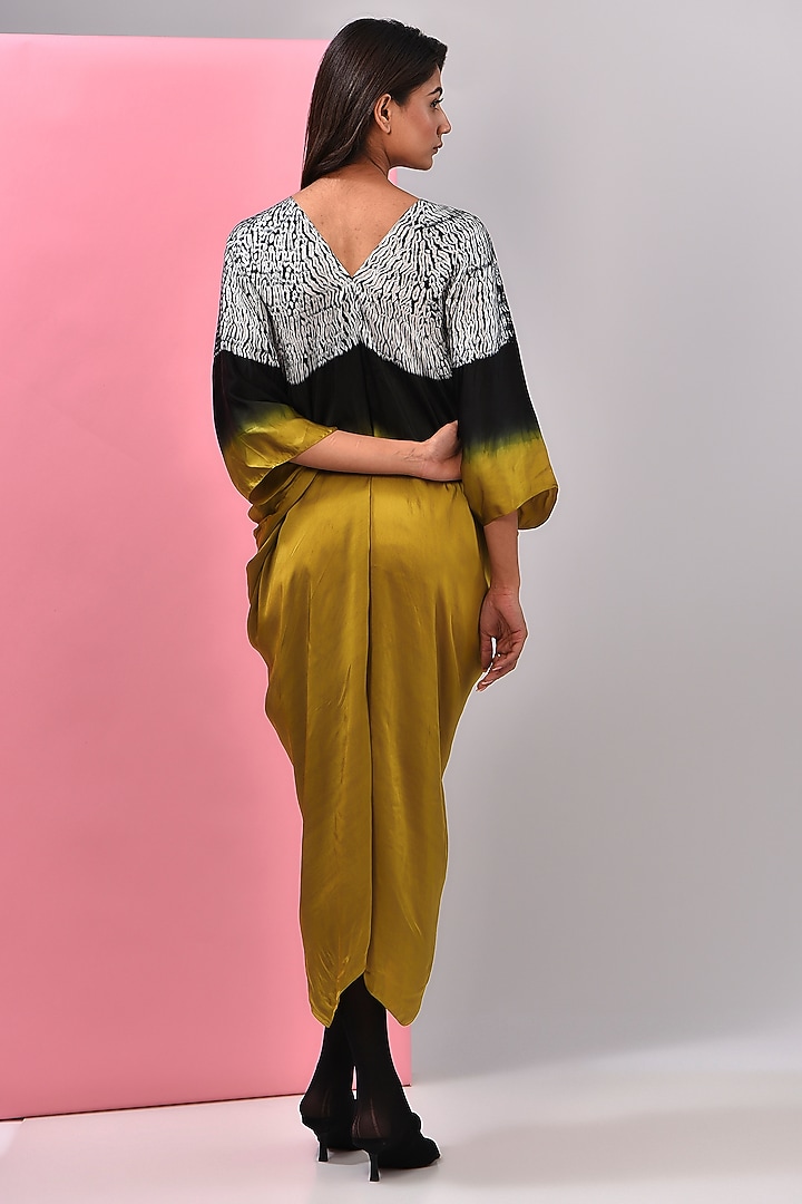 Mustard Bemberg Satin Shibori Printed Kaftan by Inca at Pernia's Pop Up Shop