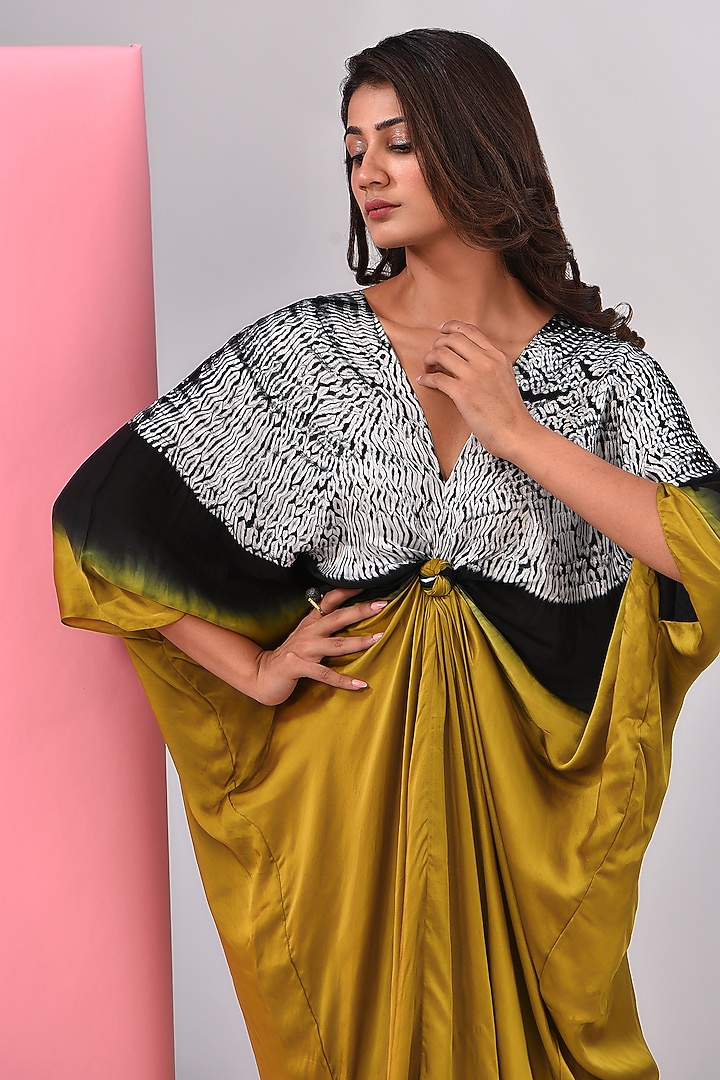 Mustard Bemberg Satin Shibori Printed Kaftan by Inca at Pernia's Pop Up Shop