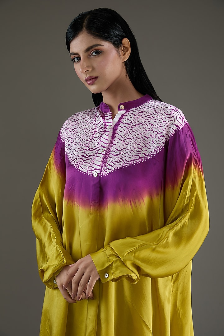 Purple & Lime Bemberg Satin Shibori Skirt Set by Inca at Pernia's Pop Up Shop