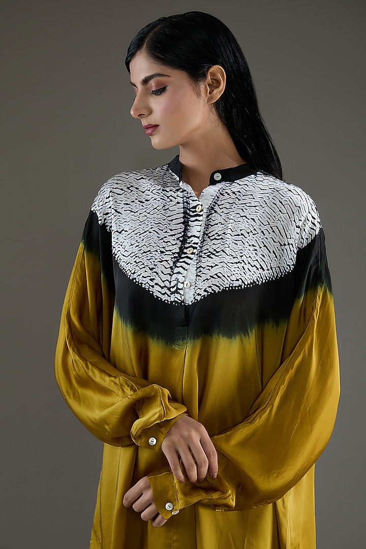Mustard & Black Bemberg Satin Shibori Skirt Set by Inca at Pernia's Pop Up Shop