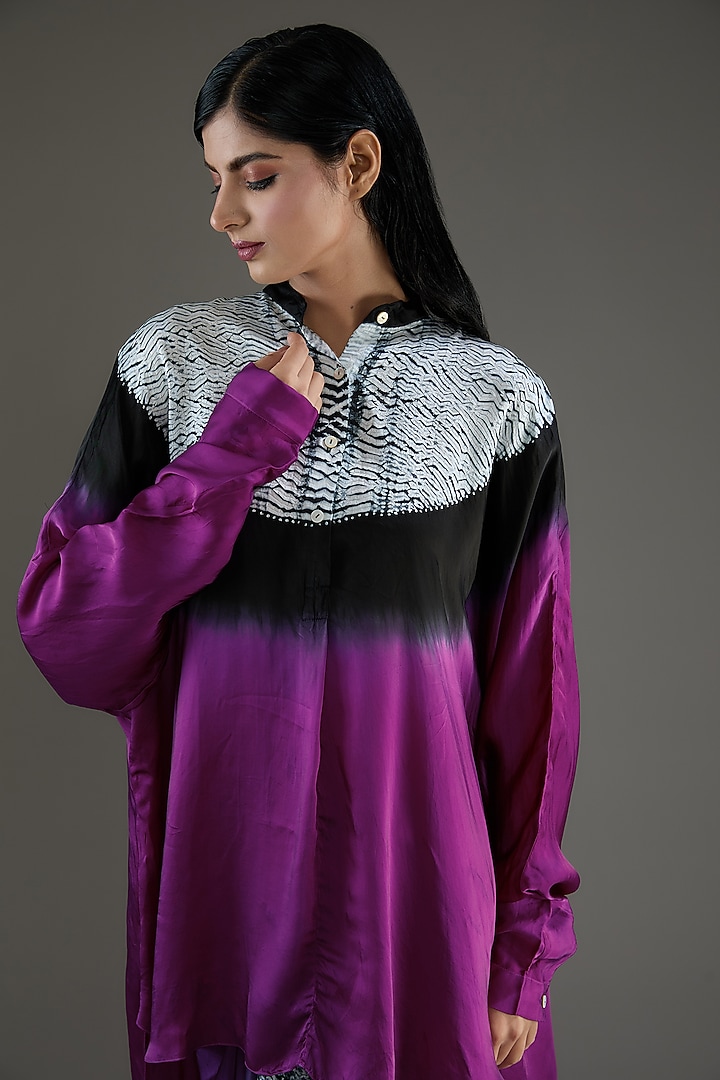 Purple & Black Bemberg Satin Shibori Skirt Set by Inca at Pernia's Pop Up Shop