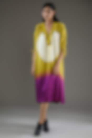 Purple & Lime Bemberg Satin Shibori Ruched Shirt Dress by Inca at Pernia's Pop Up Shop