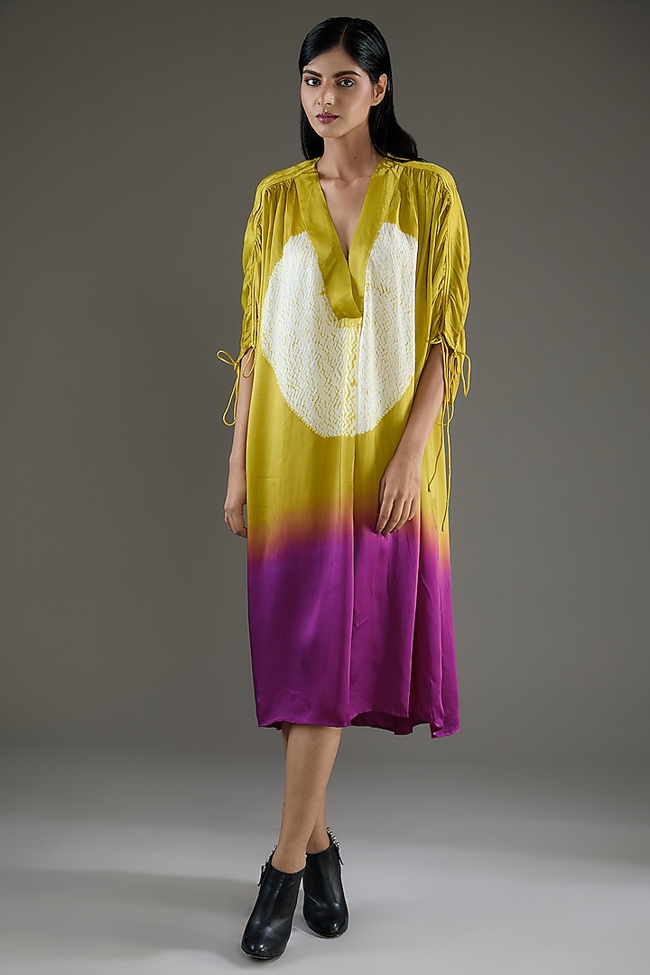 Purple & Lime Bemberg Satin Shibori Ruched Shirt Dress by Inca at Pernia's Pop Up Shop